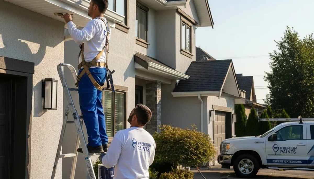 Professional gutter painting on residential home exterior in Denver, CO by expert house painters
