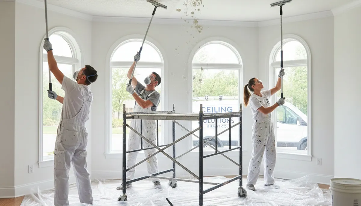 Technician removing popcorn ceiling in Denver, CO home for smooth paint-ready surface
