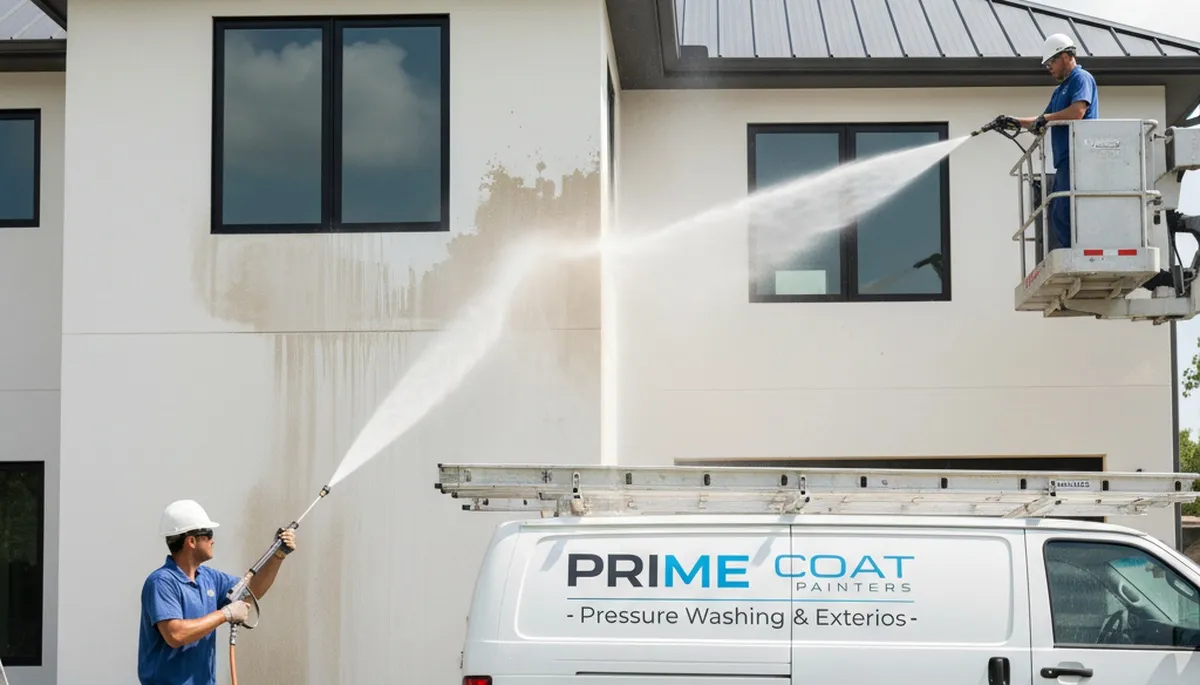 Professional pressure washing a Denver CO home exterior for spotless, fresh paint preparation